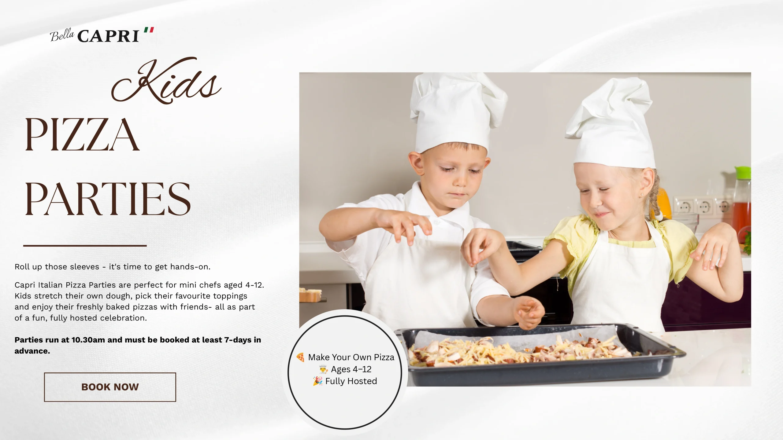 Kids Pizza Parties at Bella Capri – make your own pizza, ages 4–12, fully hosted