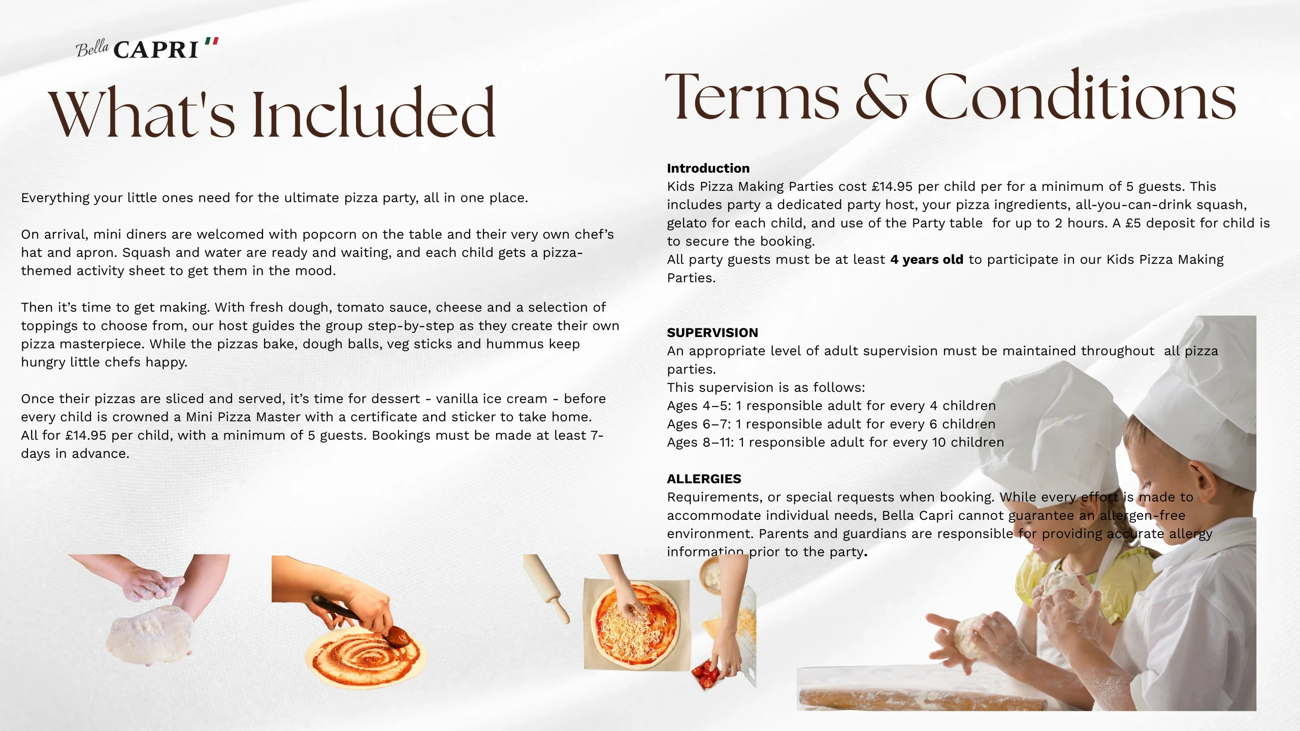 Kids Pizza Parties – what’s included and terms & conditions